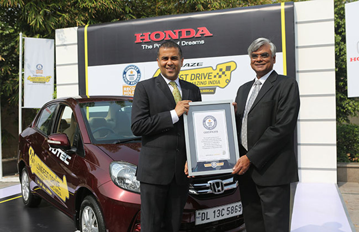 Honda Amaze creates Guinness World Record: Longest journey by a car in a single country Honda Amaze creates Guinness World Record: Longest journey by a car in a single country
