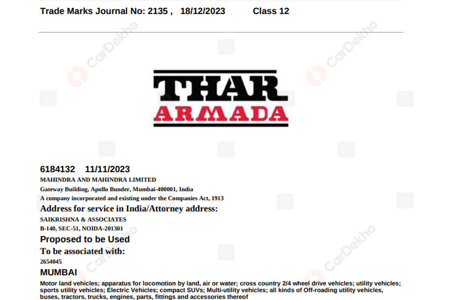 “Armada” Among 7 Names Trademarked For Upcoming Mahindra Thar 5-door