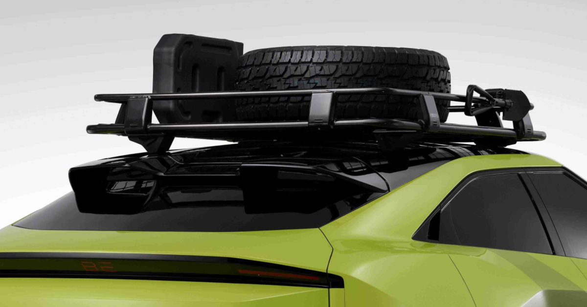 Mahindra BE Rall-e concept wheel mounted on roof rack