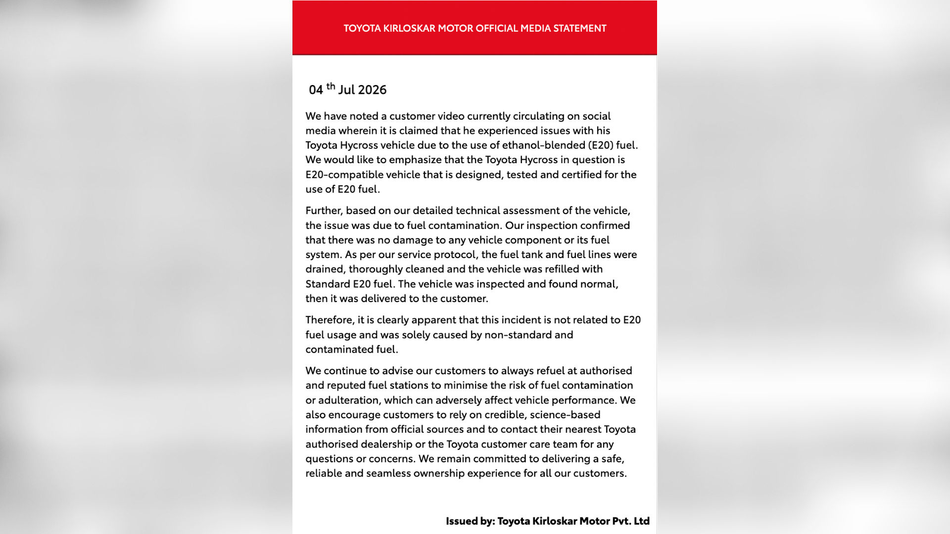 Toyota E20 Statement Toyota E20 Statement