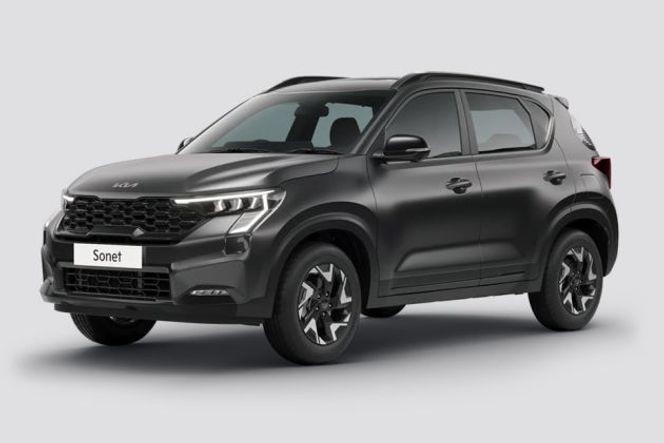 Kia Sonet in dark grey, front left three-quarter view on studio background Kia Sonet in dark grey, front left three-quarter view on studio background