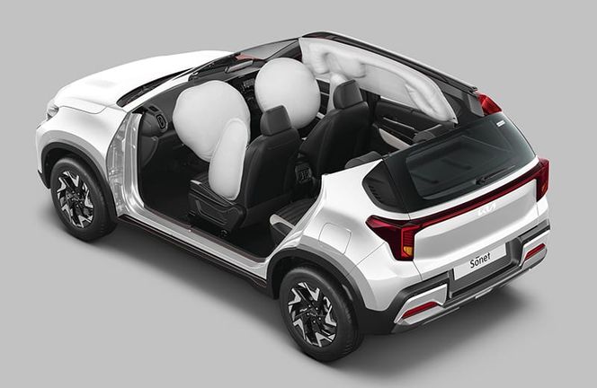 Kia Sonet cutaway showing deployed front, side and curtain airbags in white body Kia Sonet cutaway showing deployed front, side and curtain airbags in white body