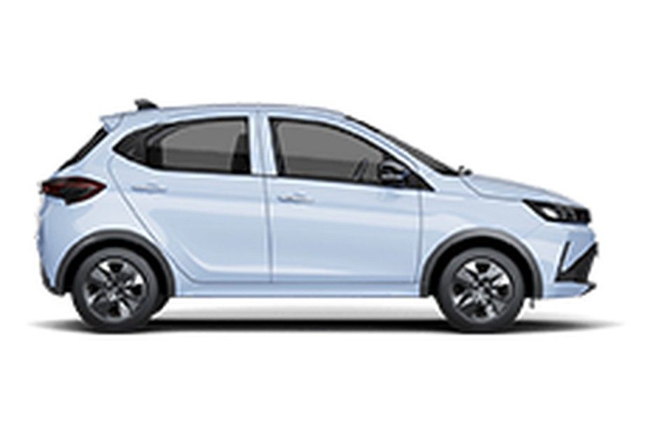 Tata Tiago in light blue with black roof, side profile view