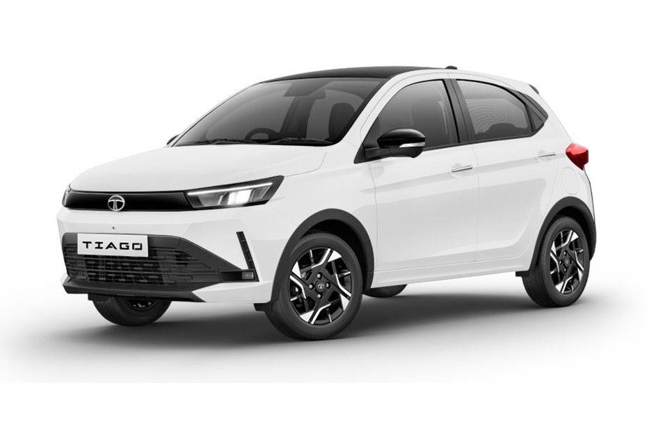 Tata Tiago in white with black roof, front three-quarter studio view
