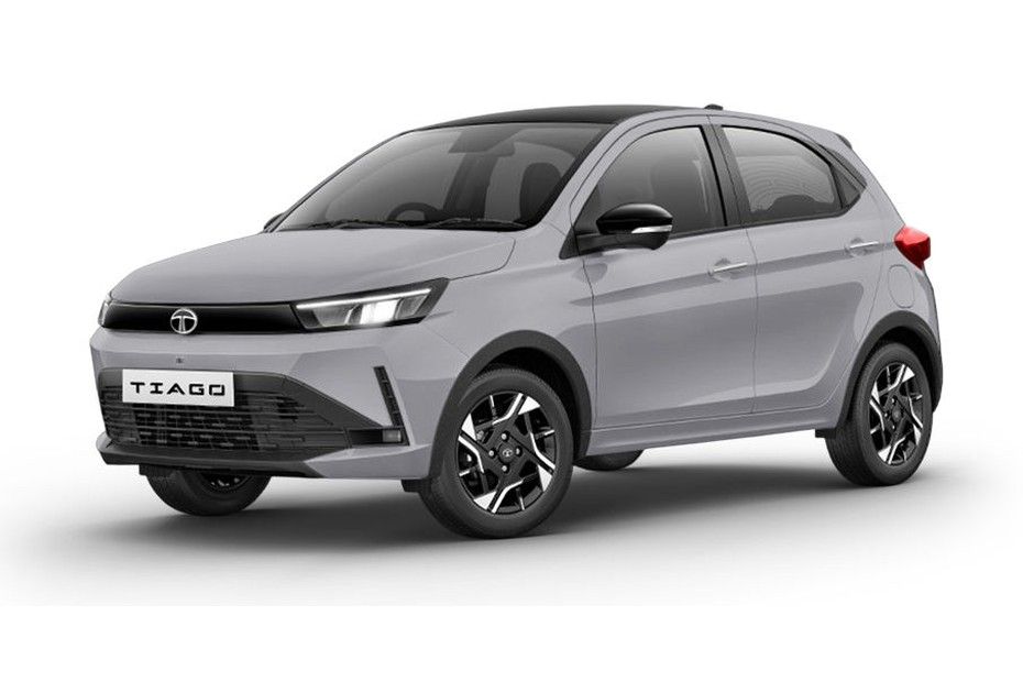 Tata Tiago in Pure Grey with black roof, front three-quarter studio view