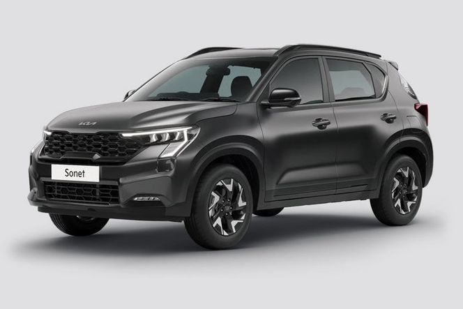 Kia Sonet in dark grey, front left three-quarter view on studio background Kia Sonet in dark grey, front left three-quarter view on studio background