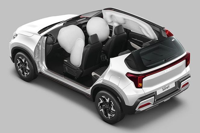 Kia Sonet cutaway showing deployed front, side and curtain airbags in white body Kia Sonet cutaway showing deployed front, side and curtain airbags in white body