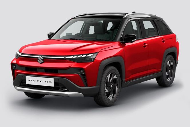 Maruti Suzuki Victoris in red with black roof, front three-quarter view Maruti Suzuki Victoris in red with black roof, front three-quarter view