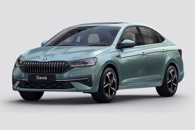 New Skoda Slavia in light green, front left three-quarter studio view New Skoda Slavia in light green, front left three-quarter studio view