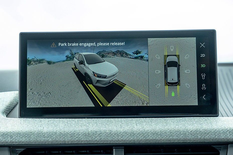 Tata Tiago touchscreen showing 360-degree camera 3D view and top-down parking view