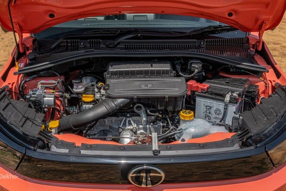 Tata Tiago engine bay with bonnet open showing 1.2-litre three-cylinder engine