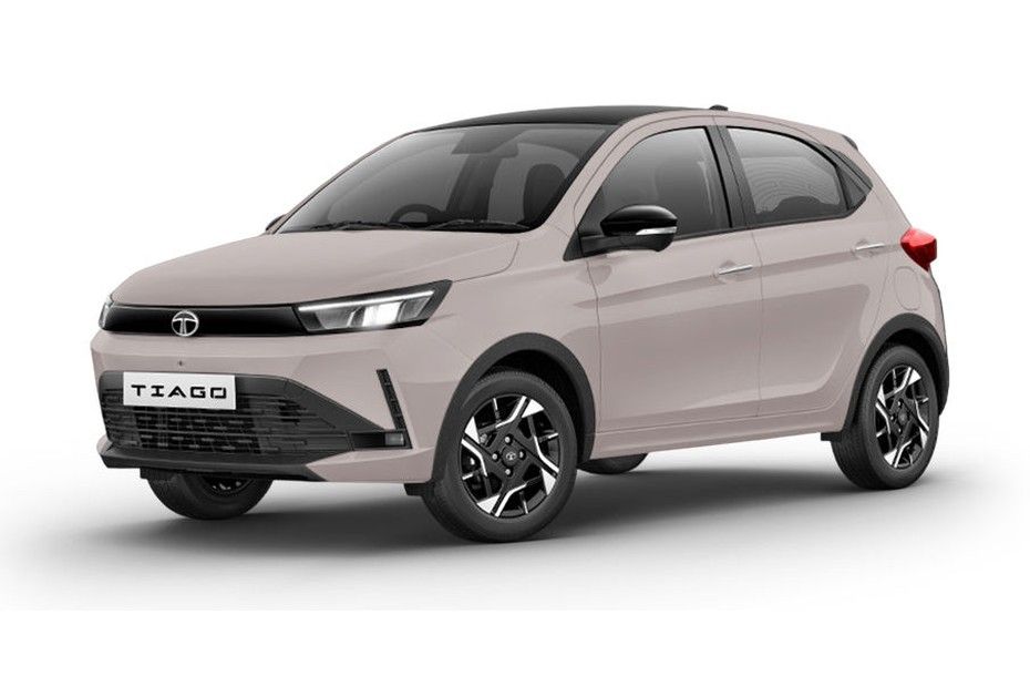 Tata Tiago in SOBO Surge beige-grey with black roof, front three-quarter view