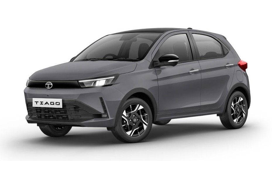 Tata Tiago in Daytona Grey with black roof, front three-quarter view