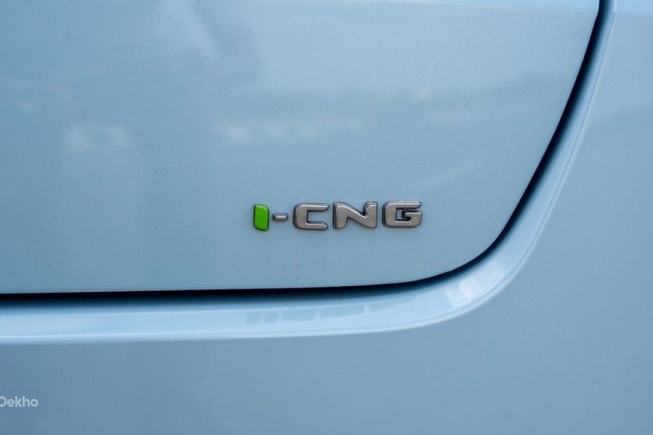 Tata Tiago i-CNG badge on light blue tailgate