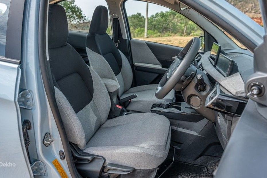 Tata Tiago front seats in grey fabric seen through open driver door