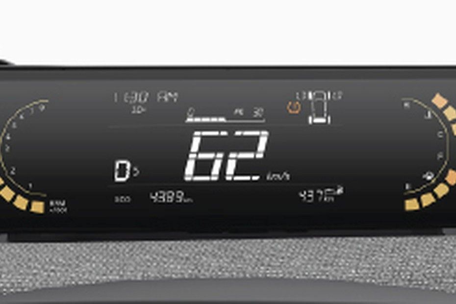 Tata Tiago digital instrument cluster showing speed, time and tyre pressure warning icon